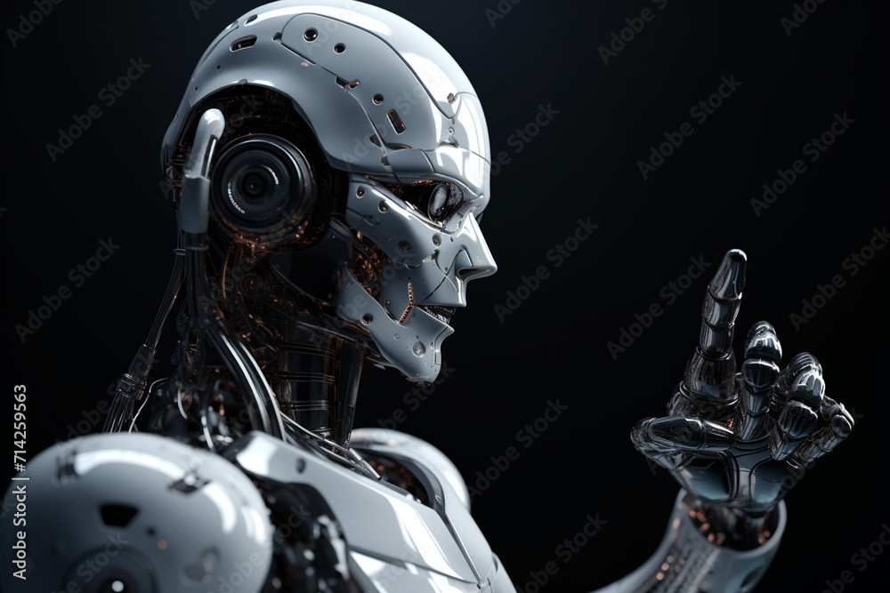 3d rendering humanoid robot with finger pointing up on dark black background 3d rendering humanoid robot with finger pointing up on dark black background