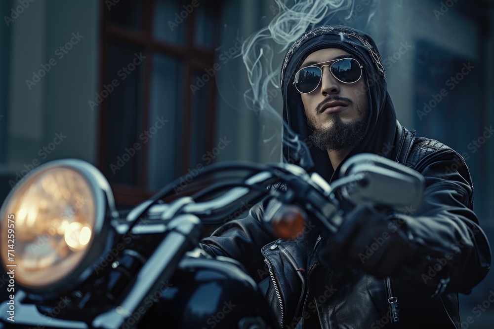 Portrait of a male biker, strength freedom, and individuality on the open road, adventurous spirit and the rebellious allure of the motorcycle, masculinity in motion. Portrait of a male biker, strength freedom, and individuality on the open road, adventurous spirit and the rebellious allure of the motorcycle, masculinity in motion.