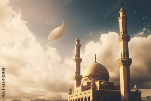 Crescent moon and mosque with cloudy sky background. Ramadan Kareem concept