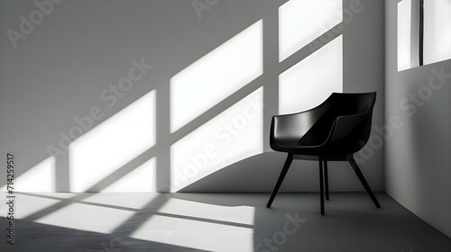 a black chair sitting in a room next to a window