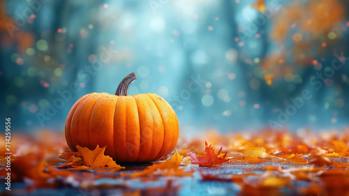 Thanksgiving and halloween pumpkin with autumn leaves