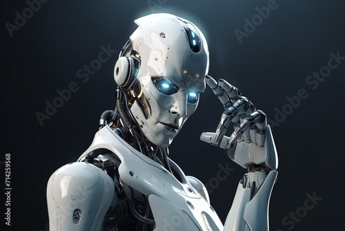 3d rendering humanoid robot with finger pointing up on dark black background