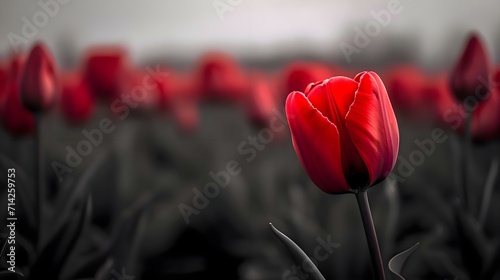 a single red tulip in a field of red flowers #714259753