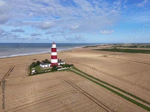 Happisburgh Lighthouse North Norfolk UK summer, drone,aerial. photo