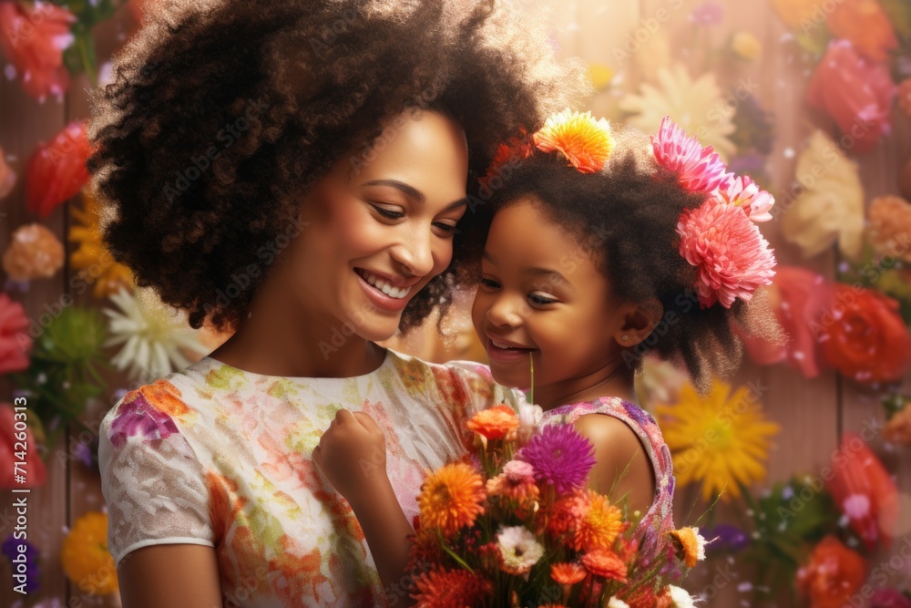 Afro American family celebrates Mothers Day at home.