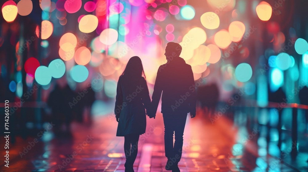 A couple holding hands in a cityscape at night pastel bokeh background. Valentine's Day Concept A couple holding hands in a cityscape at night pastel bokeh background. Valentine's Day Concept