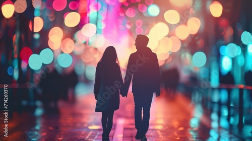 A couple holding hands in a cityscape at night pastel bokeh background. Valentine's Day Concept photo