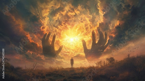 A twilight sky with massive hands attempting to clutch a radiant sun