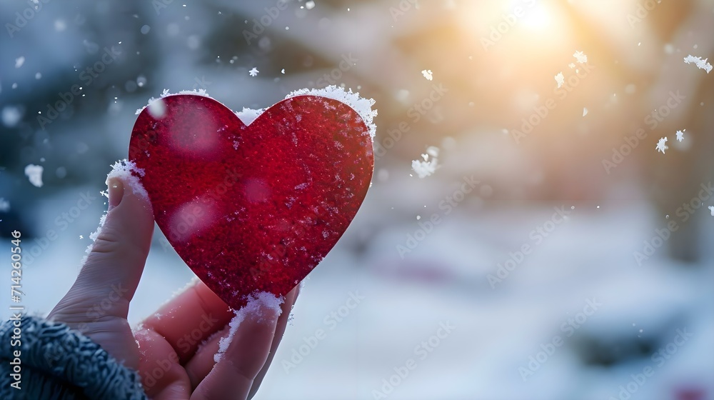 a person holding a red heart in the snow a person holding a red heart in the snow