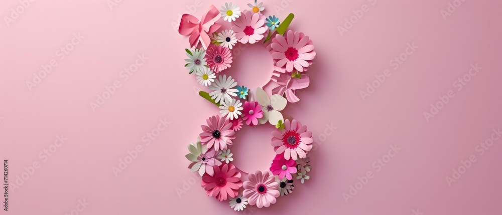 Number 8 Crafted with Paper Flowers in Papercut Style on a Pink Background, Creating a Beautiful Flat Lay to Celebrate International Women's Day.