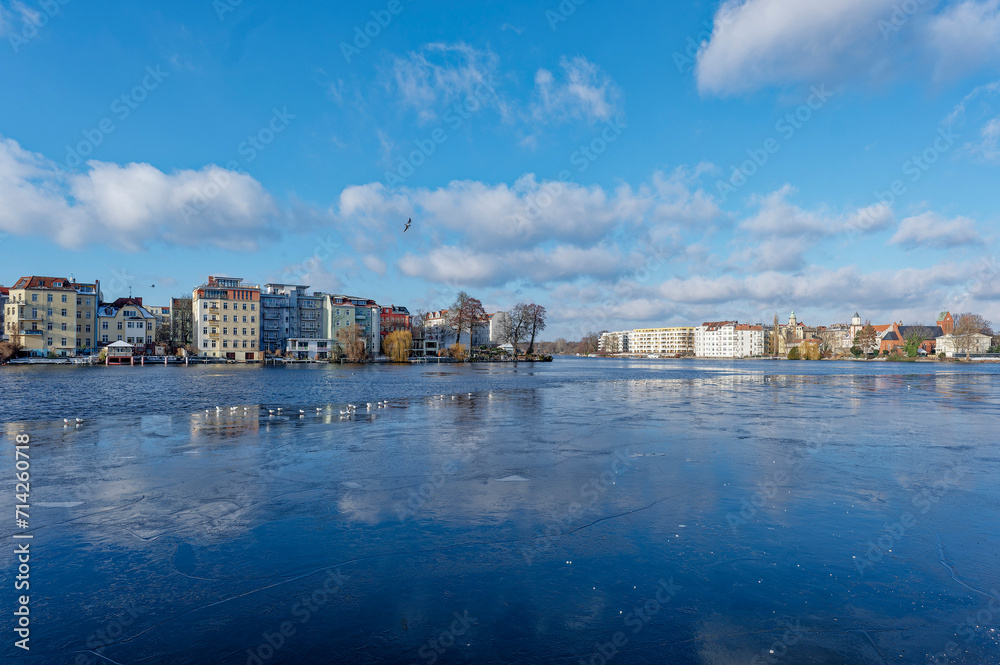 Winter scene at the frozen Dahme river in Berlin Koepenick.
