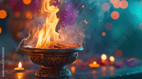 Traditional Indian puja Ritual Fire with Offerings photo