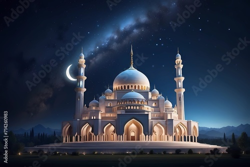 illustration of amazing architecture design of muslim mosque ramadan concept.AI,The sky is filled with stars that illuminates the building. Ramadan concept background