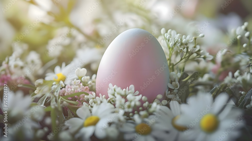 a pink egg sitting in a field of daisies a pink egg sitting in a field of daisies