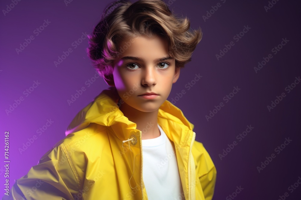 Young pupil boy in yellow garment posing for photo. Young pupil boy in yellow garment posing for photo.