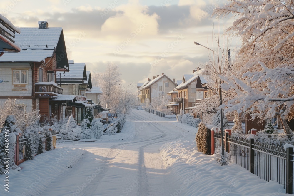 A picturesque snow covered street with charming houses and trees. Perfect for winter-themed designs or holiday promotions