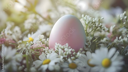 a pink egg sitting in a field of daisies