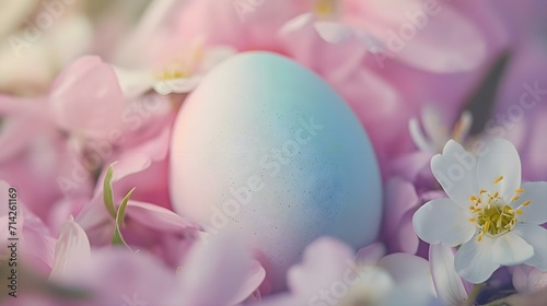 a blue and white egg sitting on top of pink flowers