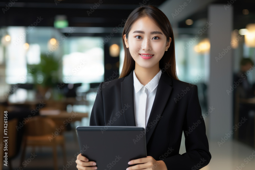 Smiling asian young businesswoman holding computer in company Smiling asian young businesswoman holding computer in company