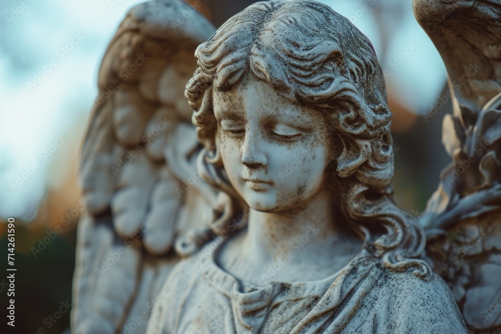 A detailed close-up shot of a beautiful angel statue. Perfect for adding a touch of elegance and serenity to any project