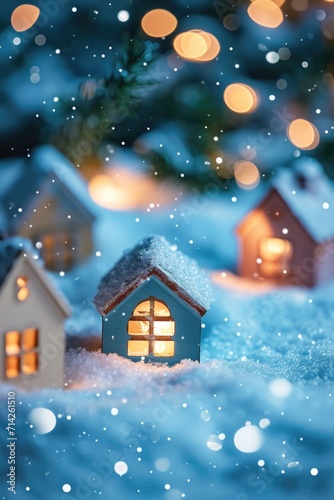 A small toy house covered in snow, with a festive Christmas tree in the background. Perfect for holiday-themed projects and winter illustrations