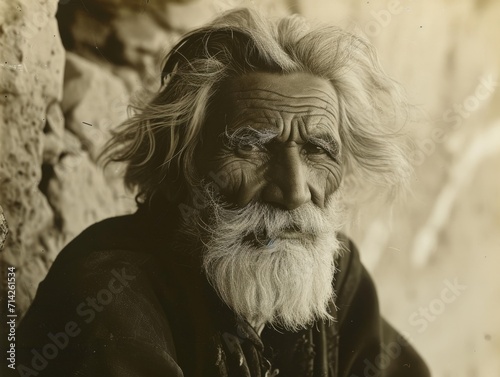 Photorealistic Old Persian Man with Blond Straight Hair vintage Illustration. Portrait of a person in World War II era aesthetics. Historic movie style Ai Generated Horizontal Illustration.