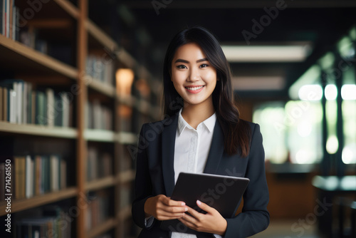 Smiling asian young businesswoman holding computer in company