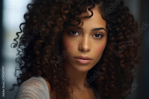 Serene millennial African American woman with curly hair posing indoors.