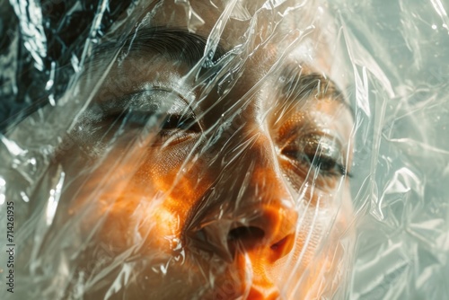Person wrapped in plastic. Can be used to depict suffocation, isolation, or protection