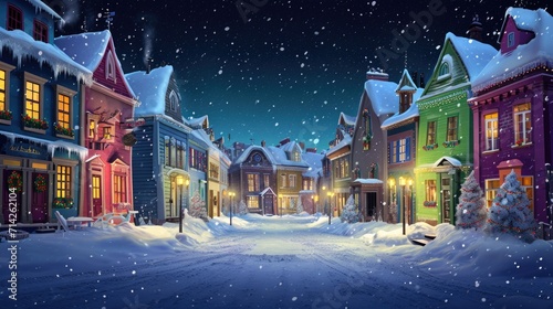 A picturesque snowy night scene of a town street. Perfect for winter-themed projects and holiday designs