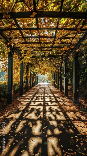 A canopy of autumn leaves overhead  with light filtering through  creating a mosaic of shadows on the park s footpath below.