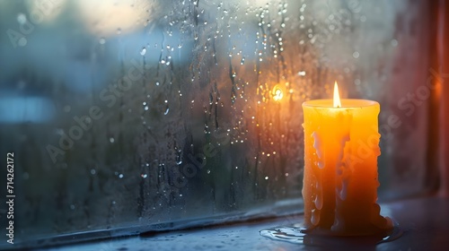 a candle sitting on a window sill in the rain photo