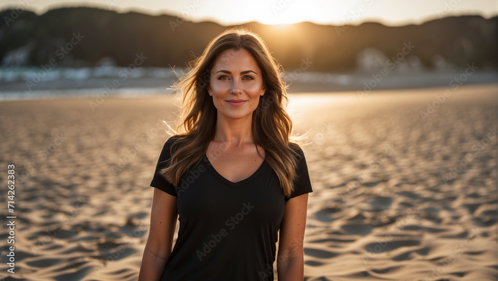 Portrait of a beautiful young mature white caucasian model woman at sunset on a sandy beach	