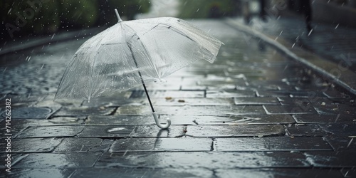A person is walking down a wet sidewalk, holding an umbrella. This image can be used to depict rainy weather or someone going about their daily routine in the rain