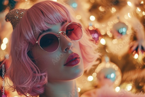 A woman with pink hair wearing a pair of stylish sunglasses. Perfect for fashion or summer-themed projects