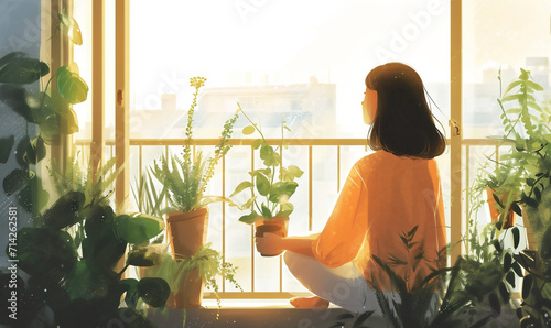 woman looking out to the window with plants on the windowsill