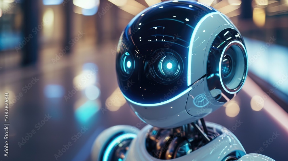A detailed close-up of a robot's head with a blurry background. Perfect for technology-related projects and futuristic themes A detailed close-up of a robot's head with a blurry background. Perfect for technology-related projects and futuristic themes