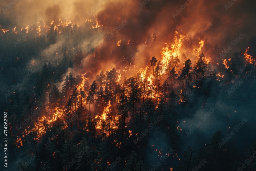 A large fire blazing through a forest. Can be used to depict the destructive power of wildfires and the importance of forest fire prevention