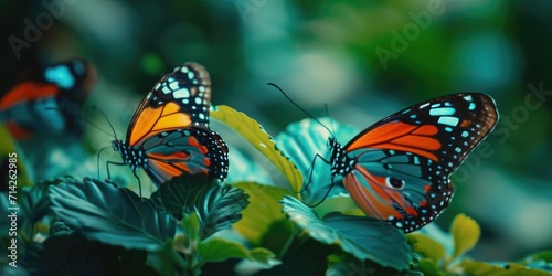 Two butterflies perched on leaves. Perfect for nature enthusiasts and those in need of a calming nature scene