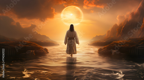 Jesus Christ walks on water on a dramatic sunset - Far view - sun over Jesus photo