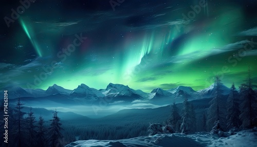 View of night sky with multicolored aurora borealis and snowy mountains peak background. Night glows in vibrant aurora reflection on the lake with forest.  © Virgo Studio Maple