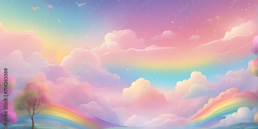 Fantasy sky with rainbows, clouds, and trees.