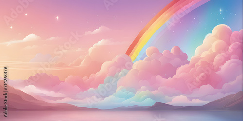 Vibrant and tranquil sky with rainbow and clouds.