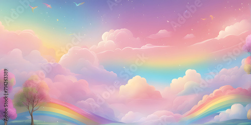 Fantasy sky with rainbows, clouds, and trees. © princess