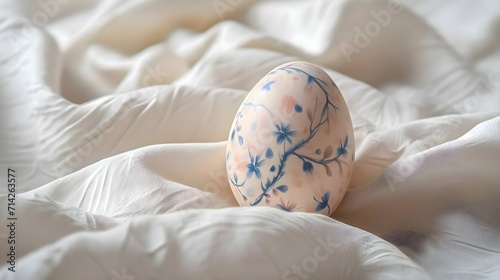 a painted egg sitting on top of a bed photo