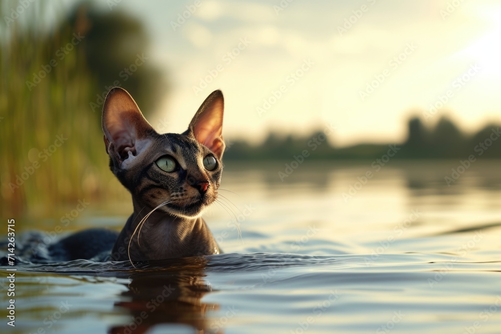 A cat enjoying a swim in the water during a beautiful sunset. Perfect for nature and animal-themed projects