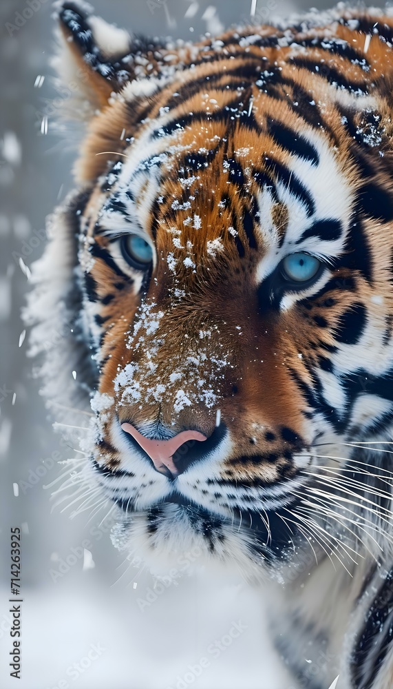 a close up of a tiger in the snow