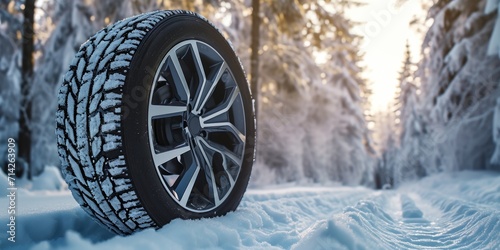 A picture of a tire on a snowy road with trees in the background. Perfect for winter-themed projects or illustrating driving conditions in snowy areas