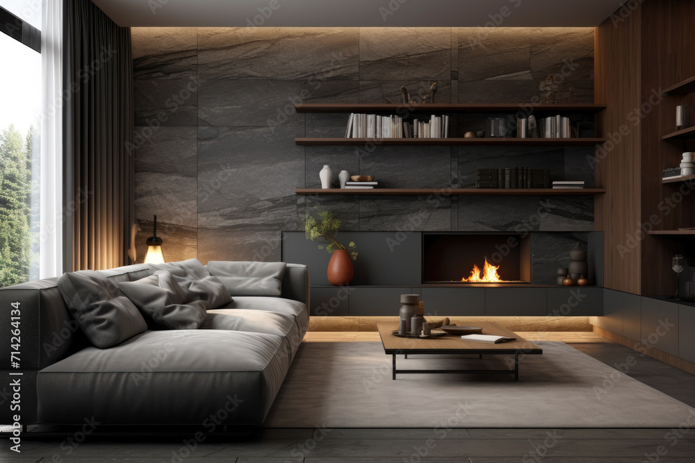 Sofa set and decor modern minimal living room interior design slate gray colors
