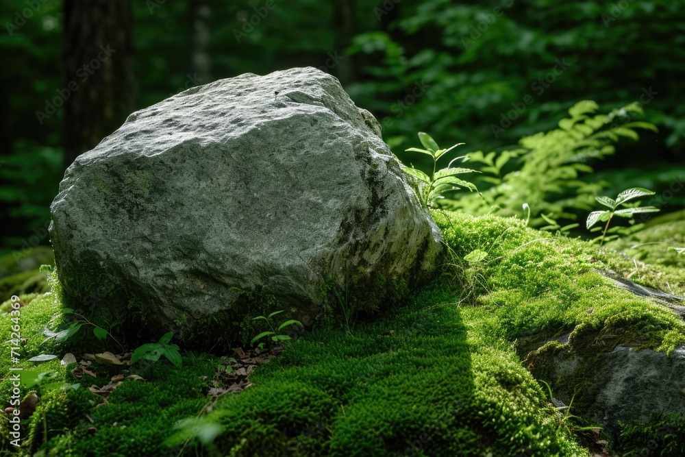 A large rock sitting on top of a vibrant green forest. Perfect for nature-themed designs and environmental concepts A large rock sitting on top of a vibrant green forest. Perfect for nature-themed designs and environmental concepts